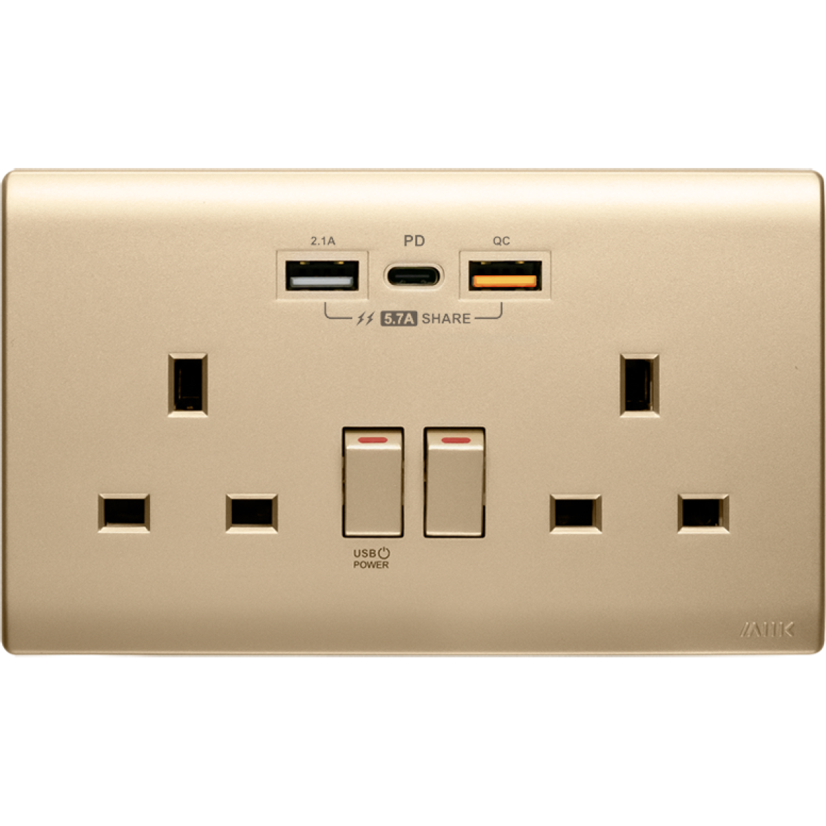 M2K PD202AP5-CG 5.7A 雙位 PD/QC USB 電掣插座 (金色) M2K PD202AP5-CG 5.7A 雙位 PD/QC USB 電掣插座 (金色)